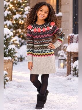 🎀 4/$20 Cat & Jack Sweater Dress Girls Fair Isle Knit Fringe Crew Neck Size M